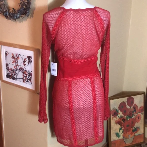 FREE PEOPLE Size Large Lace Cocktail Dress Cherry Red Scalloped Bodycon $250NWT - Picture 7 of 16